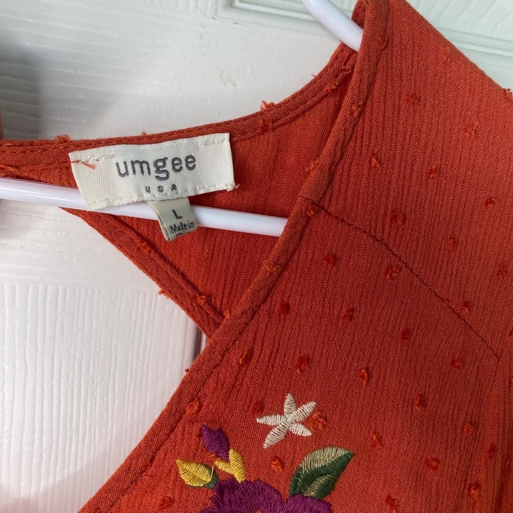 Umgee Embroidered Orange Dress Long Sleeve V Neck Cutout Back Boho Chic Size L - Picture 5 of 9